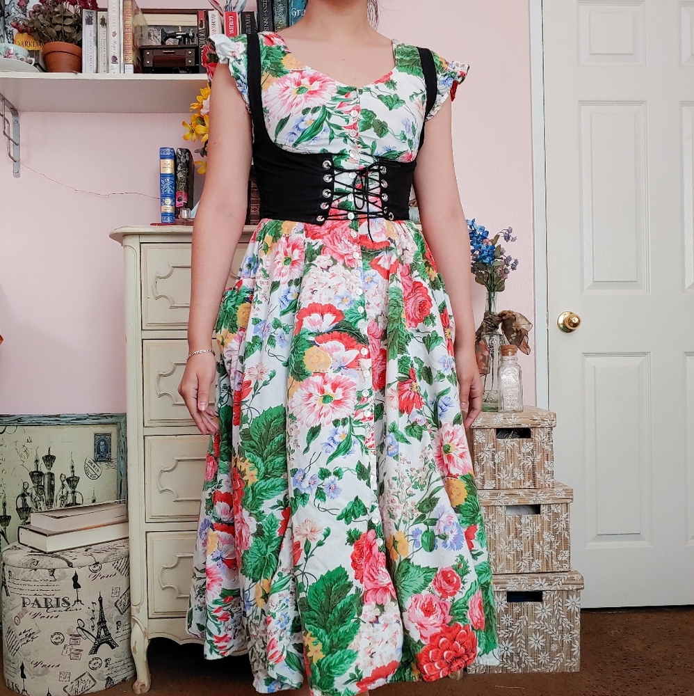 Vintage 80s Designer Floral Button Up Midi Dress